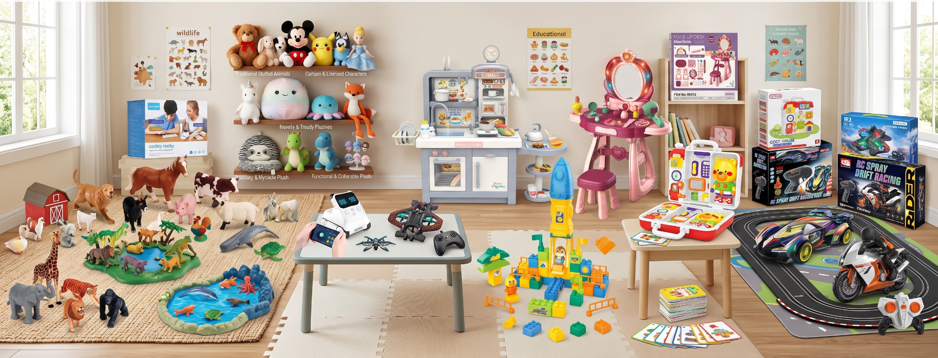 MTR Enterprise toy collection showcasing educational, plush, remote-control, and pretend-play products